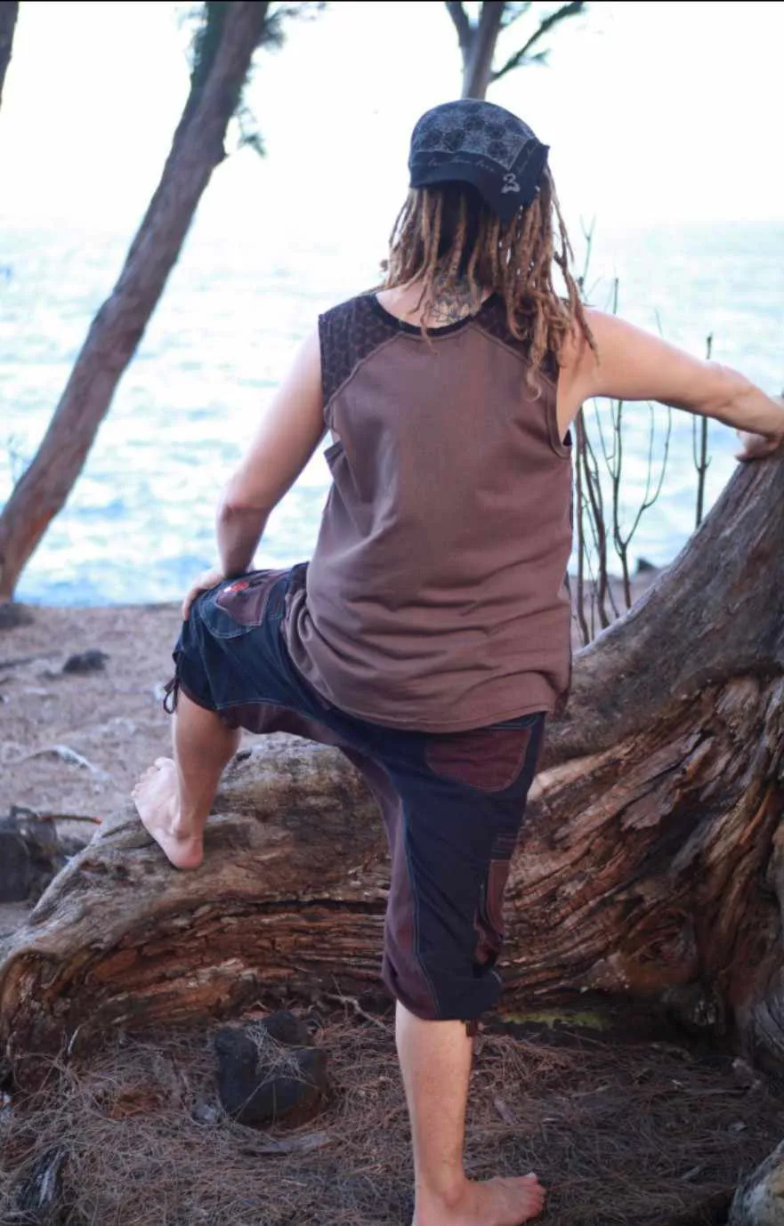 Men's Long Drop Crotch Shorts with Shiva Trident Embroidery