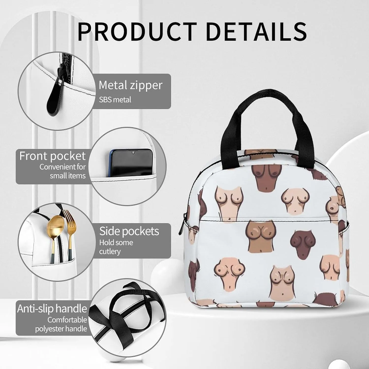 Men's Portable Travel Lunch Bag, Insulated Lunch Bag, Reusable Packing Hot Or Cold Snacks Bag For Men And Women Compatible with Black White Yellow Boobs Breast
