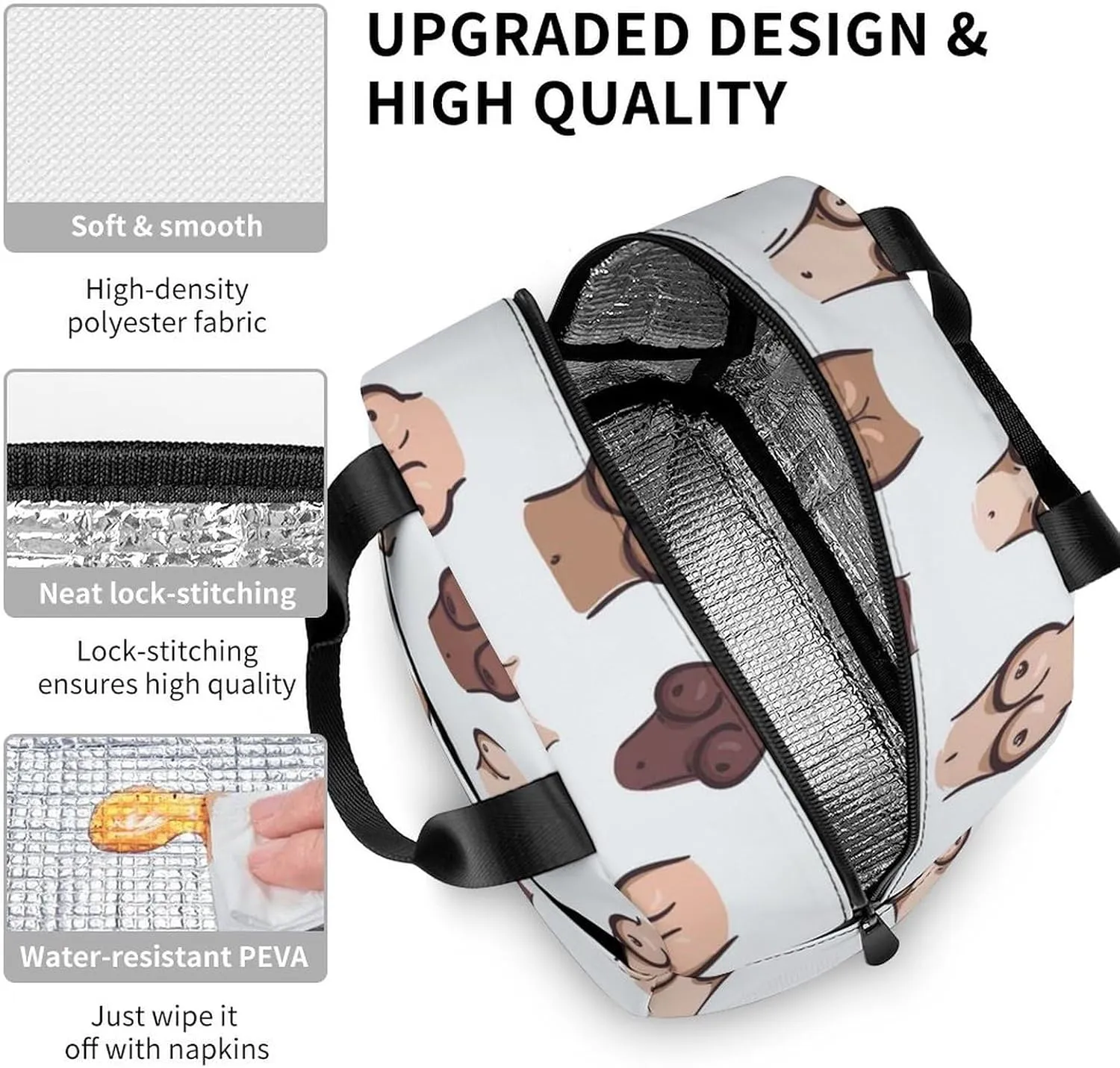 Men's Portable Travel Lunch Bag, Insulated Lunch Bag, Reusable Packing Hot Or Cold Snacks Bag For Men And Women Compatible with Black White Yellow Boobs Breast