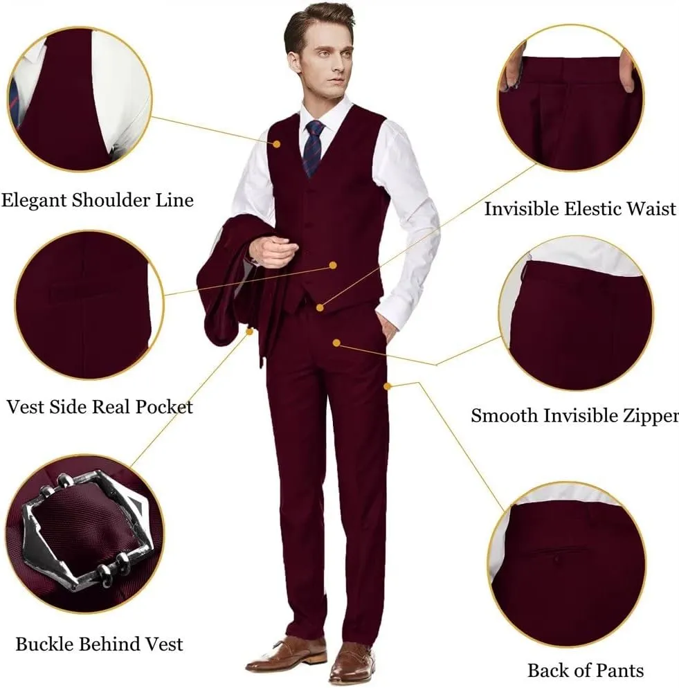 Men's Slim Fit 3 Piece Suit Two Button Business Wedding Dress Tux Suit Set Jacket Vest Pants with Tie
