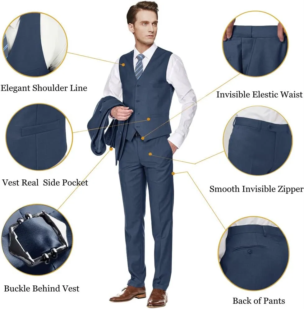 Men's Slim Fit 3 Piece Suit Two Button Business Wedding Dress Tux Suit Set Jacket Vest Pants with Tie