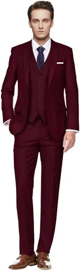 Men's Slim Fit 3 Piece Suit Two Button Business Wedding Dress Tux Suit Set Jacket Vest Pants with Tie