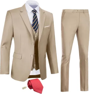 Men's Slim Fit 3 Piece Suit Two Button Business Wedding Dress Tux Suit Set Jacket Vest Pants with Tie