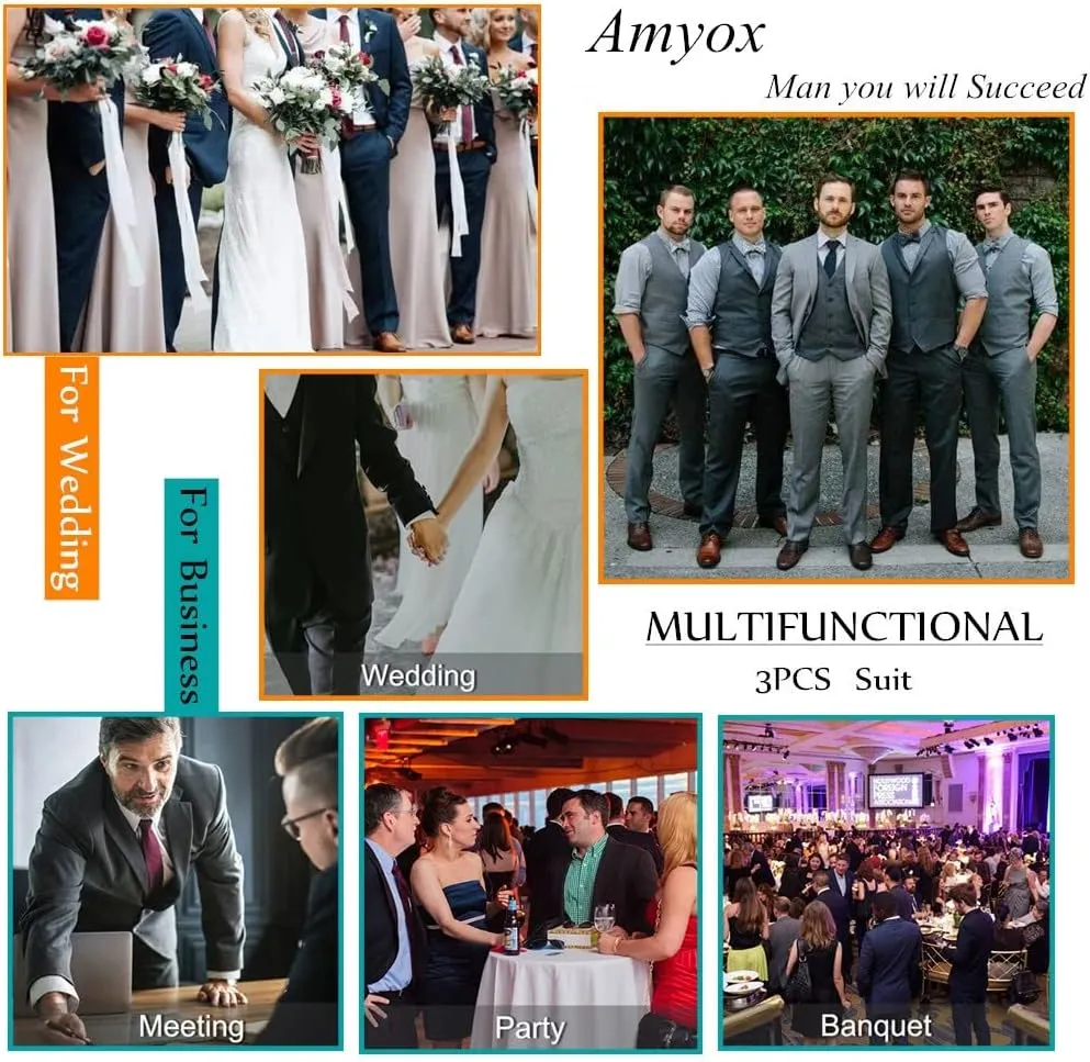 Men's Slim Fit 3 Piece Suit Two Button Business Wedding Dress Tux Suit Set Jacket Vest Pants with Tie
