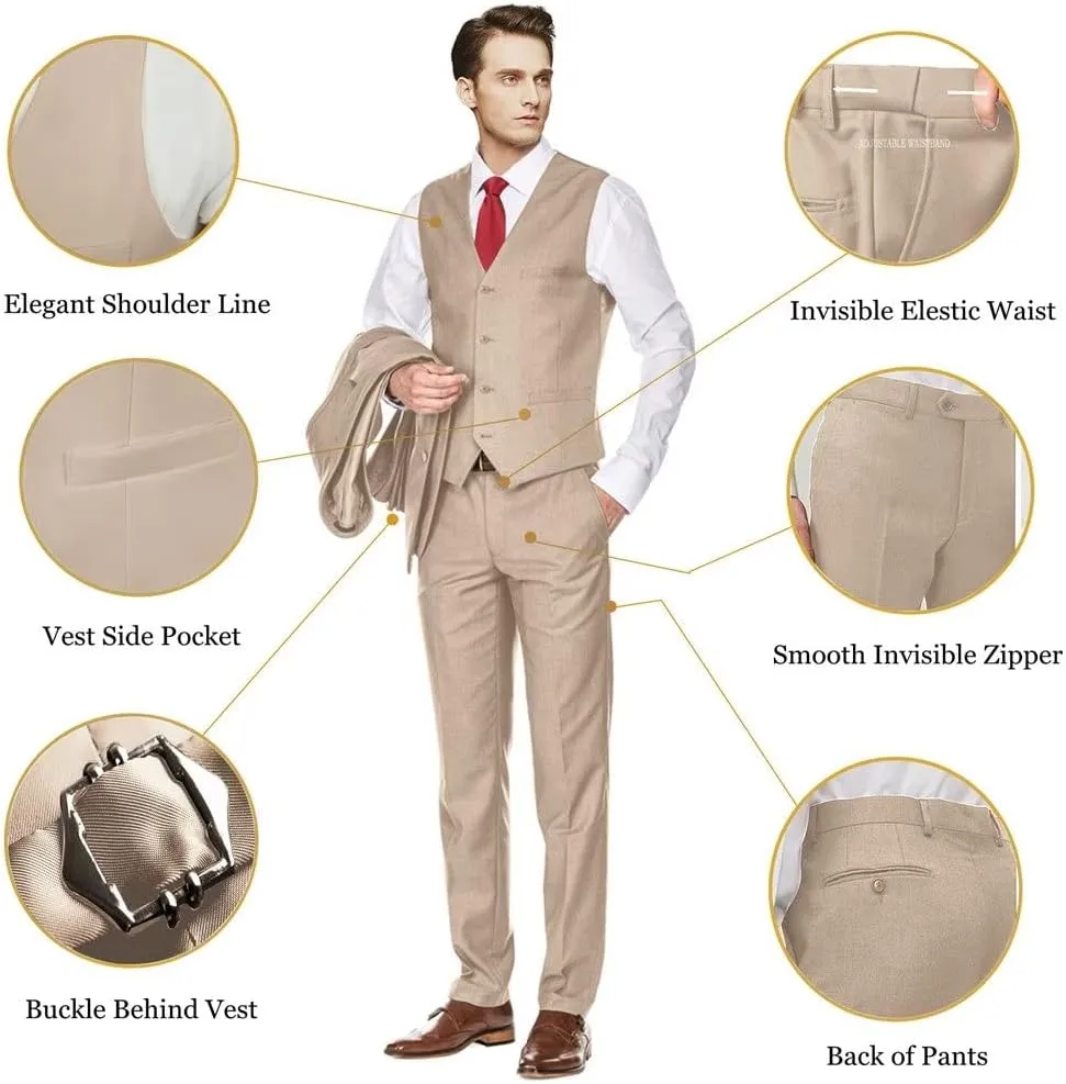 Men's Slim Fit 3 Piece Suit Two Button Business Wedding Dress Tux Suit Set Jacket Vest Pants with Tie