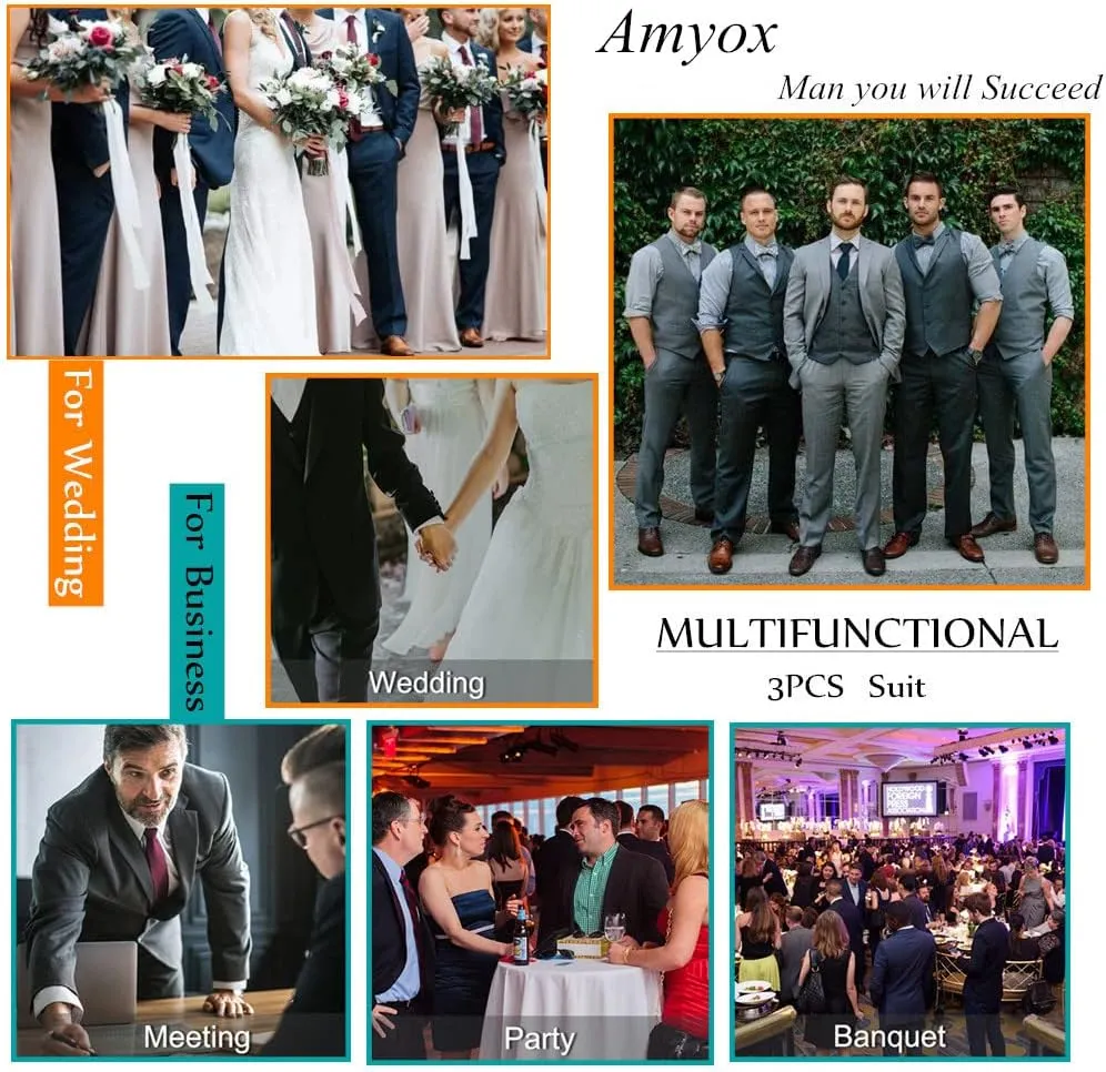 Men's Slim Fit 3 Piece Suit Two Button Business Wedding Dress Tux Suit Set Jacket Vest Pants with Tie
