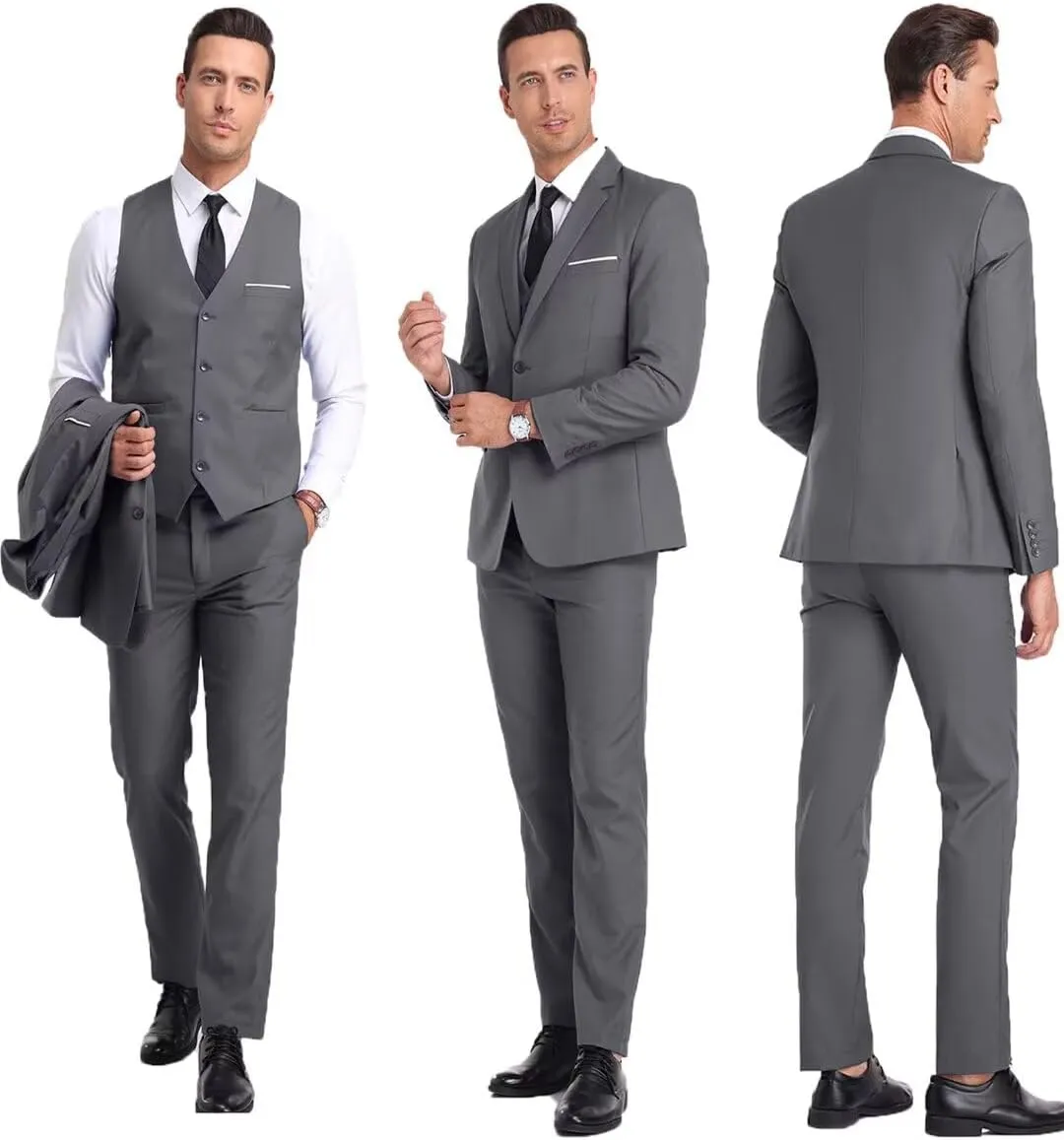 Men's Suit Slim Fit 3 Piece Wedding Dress Tux Suit Set Two Buttons Business Suits Blazer Jacket Vest Pants with Tie