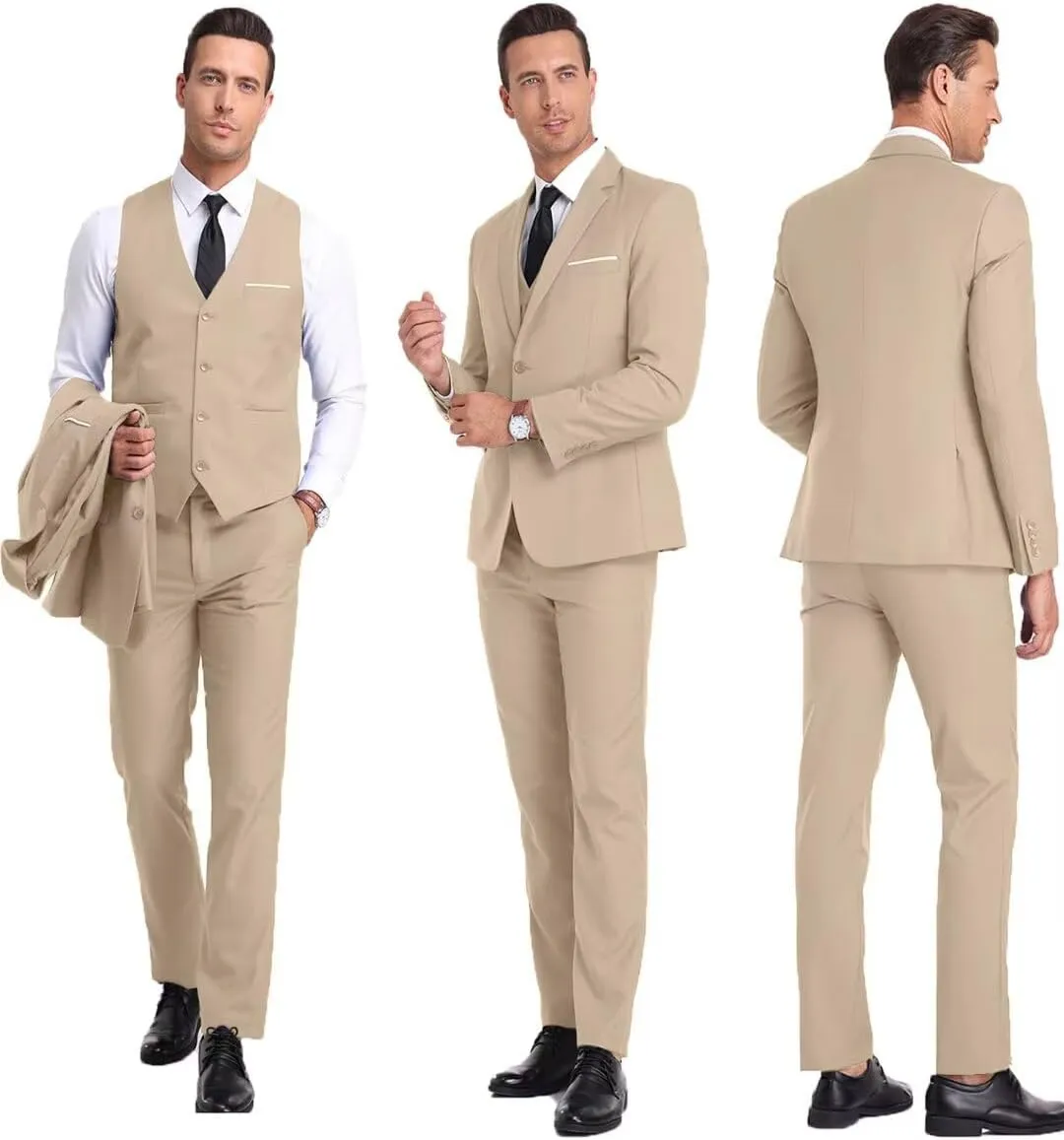 Men's Suit Slim Fit 3 Piece Wedding Dress Tux Suit Set Two Buttons Business Suits Blazer Jacket Vest Pants with Tie