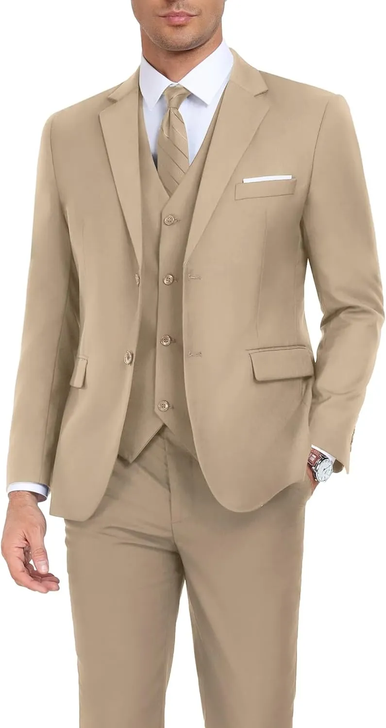 Men's Suit Slim Fit 3 Piece Wedding Dress Tux Suit Set Two Buttons Business Suits Blazer Jacket Vest Pants with Tie