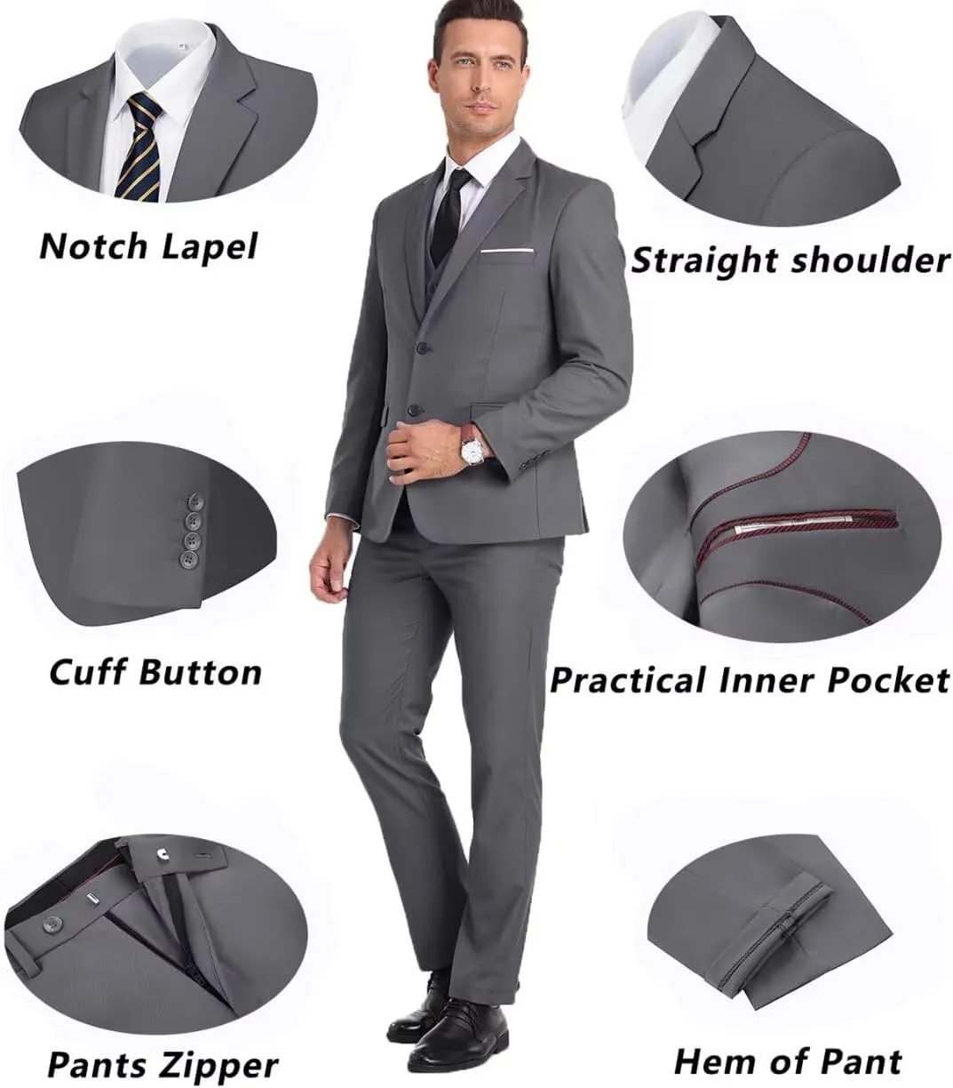 Men's Suit Slim Fit 3 Piece Wedding Dress Tux Suit Set Two Buttons Business Suits Blazer Jacket Vest Pants with Tie