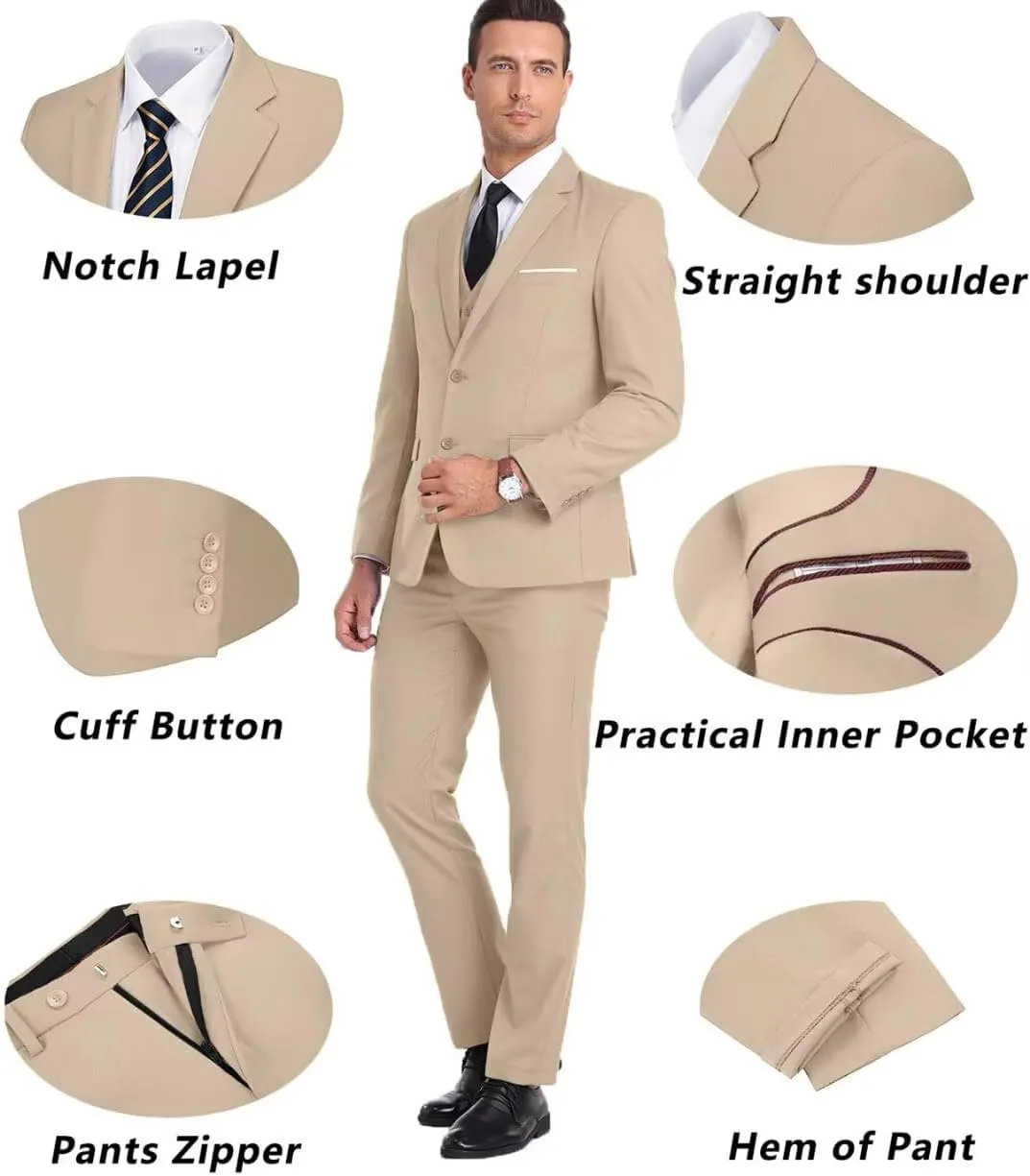 Men's Suit Slim Fit 3 Piece Wedding Dress Tux Suit Set Two Buttons Business Suits Blazer Jacket Vest Pants with Tie