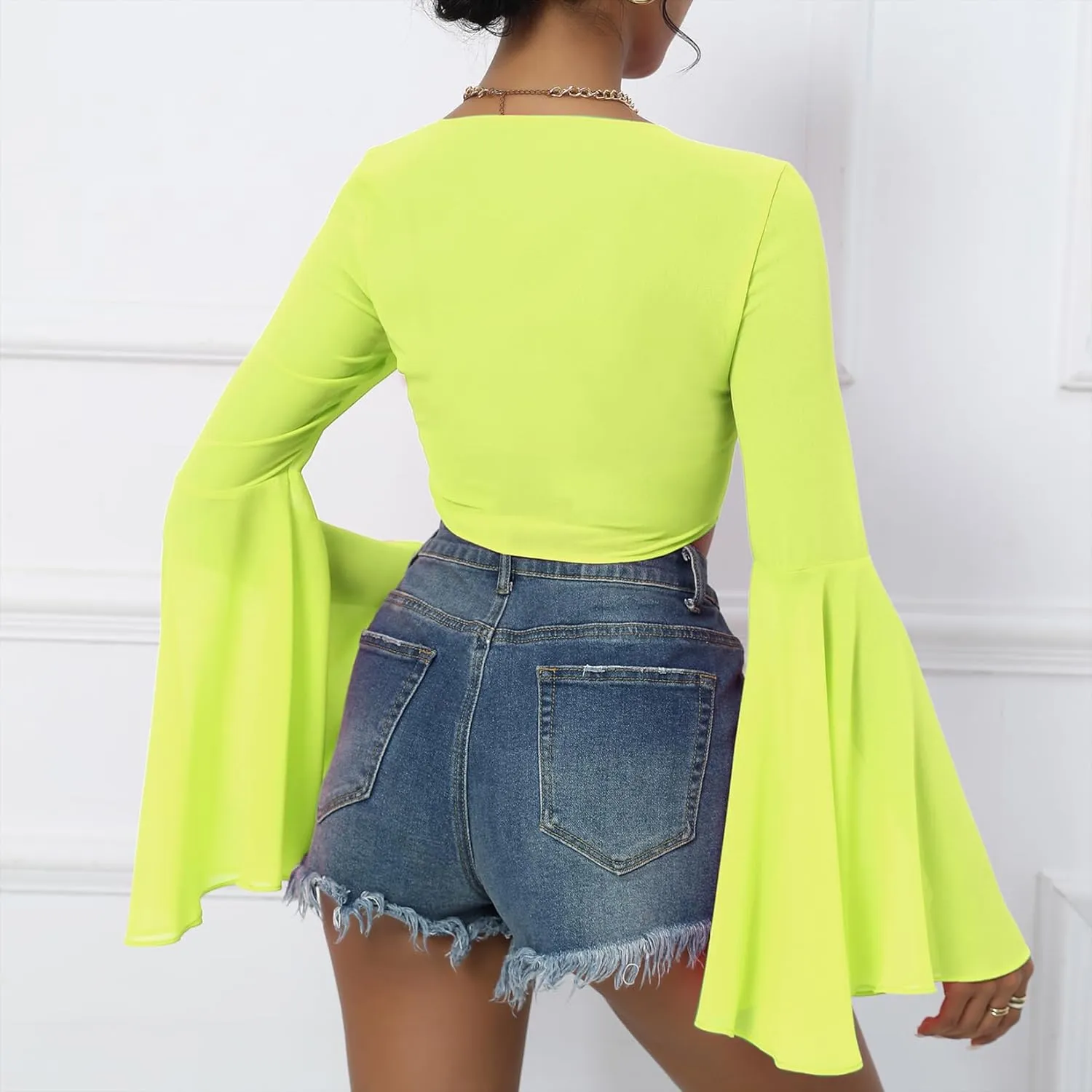 Mesh Tops for Women Bell Sleeve Rave Outfits Tie Front Crop Top Long Sleeve Shirt Sheer Blouse Festival