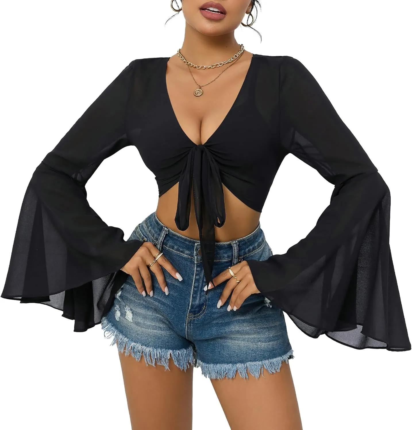 Mesh Tops for Women Bell Sleeve Rave Outfits Tie Front Crop Top Long Sleeve Shirt Sheer Blouse Festival