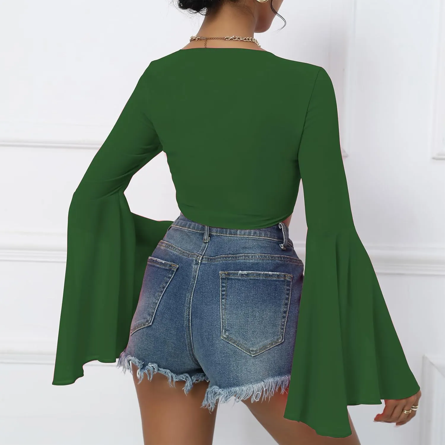 Mesh Tops for Women Bell Sleeve Rave Outfits Tie Front Crop Top Long Sleeve Shirt Sheer Blouse Festival