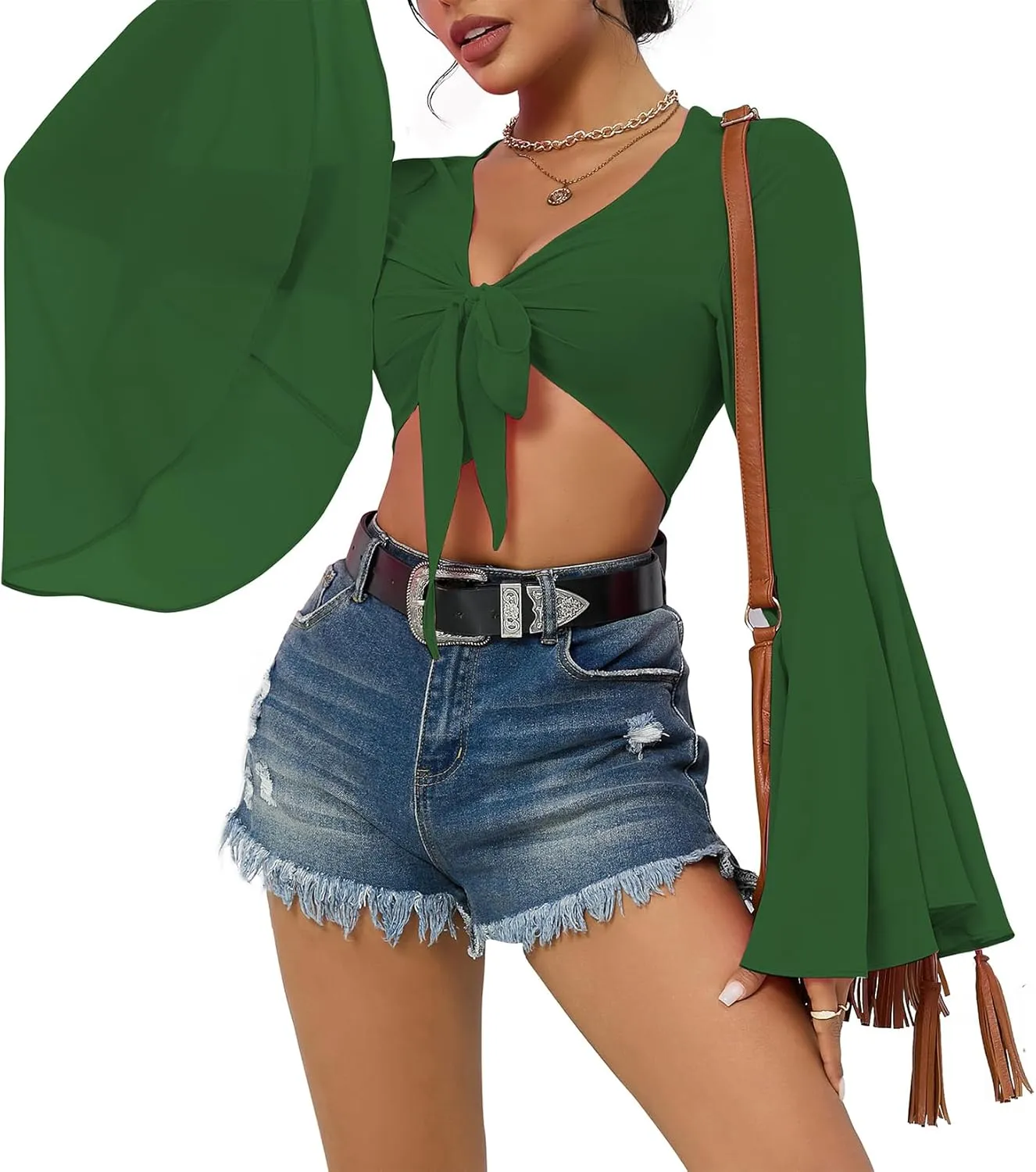 Mesh Tops for Women Bell Sleeve Rave Outfits Tie Front Crop Top Long Sleeve Shirt Sheer Blouse Festival