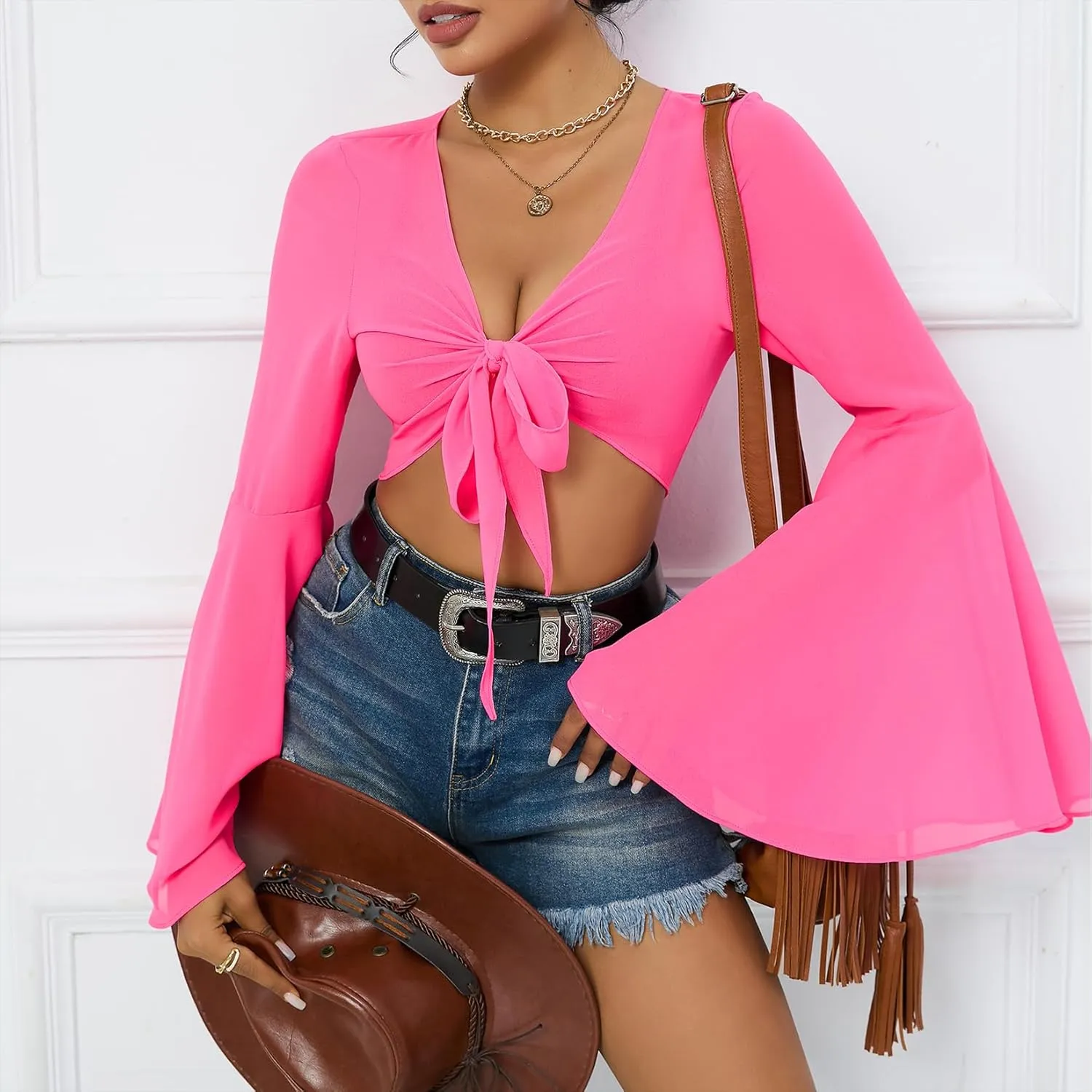 Mesh Tops for Women Bell Sleeve Rave Outfits Tie Front Crop Top Long Sleeve Shirt Sheer Blouse Festival