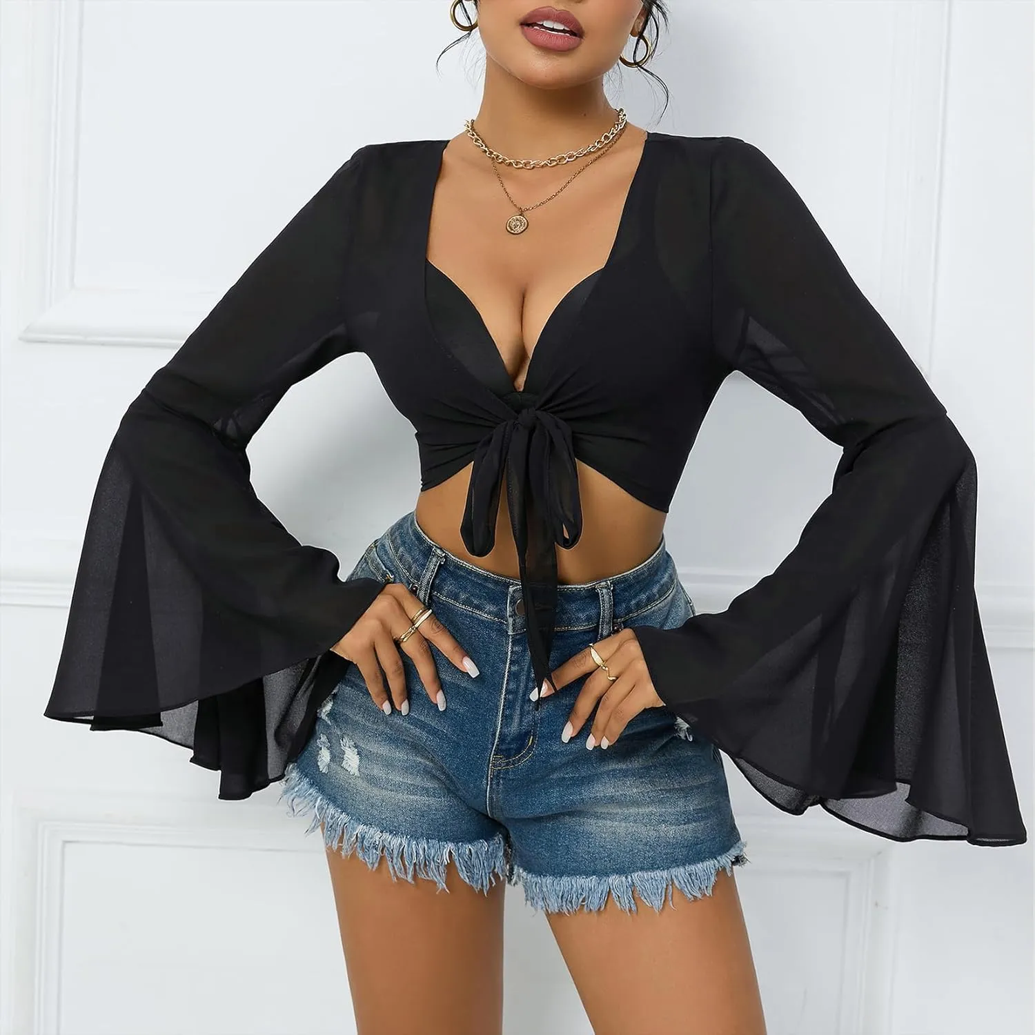 Mesh Tops for Women Bell Sleeve Rave Outfits Tie Front Crop Top Long Sleeve Shirt Sheer Blouse Festival