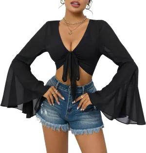 Mesh Tops for Women Bell Sleeve Rave Outfits Tie Front Crop Top Long Sleeve Shirt Sheer Blouse Festival