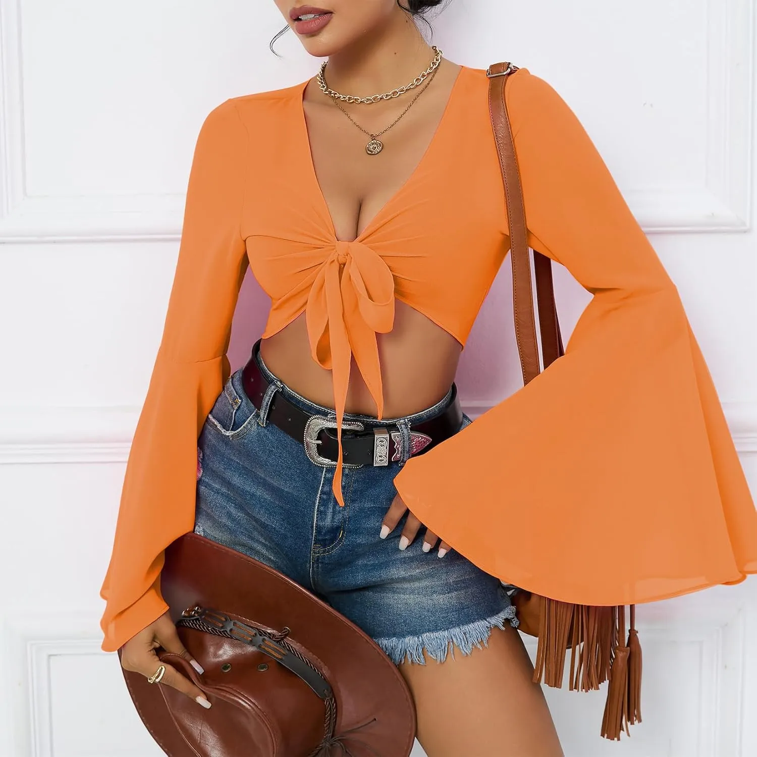 Mesh Tops for Women Bell Sleeve Rave Outfits Tie Front Crop Top Long Sleeve Shirt Sheer Blouse Festival