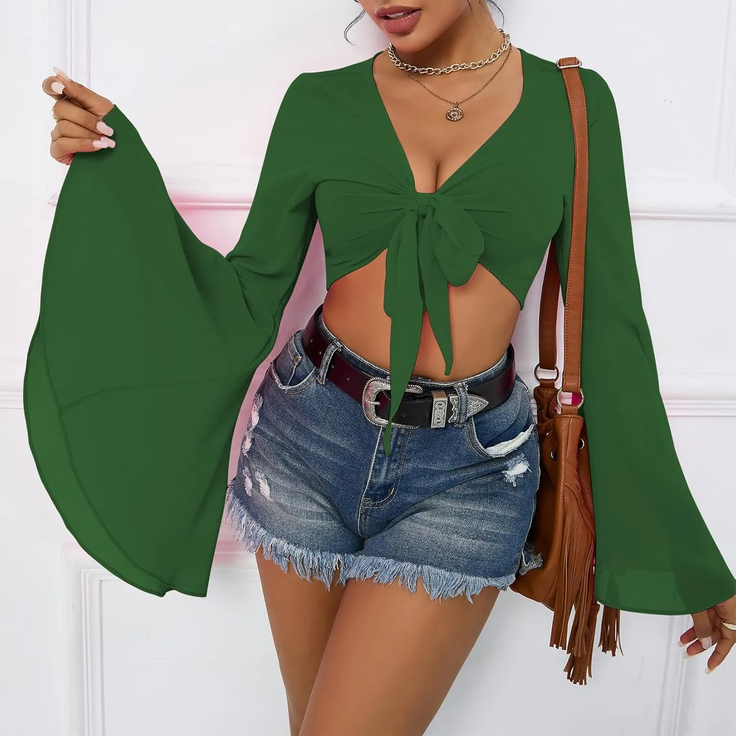 Mesh Tops for Women Bell Sleeve Rave Outfits Tie Front Crop Top Long Sleeve Shirt Sheer Blouse Festival