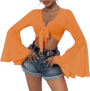 Mesh Tops for Women Bell Sleeve Rave Outfits Tie Front Crop Top Long Sleeve Shirt Sheer Blouse Festival