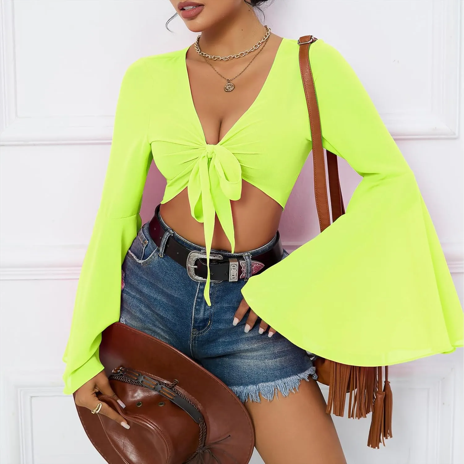 Mesh Tops for Women Bell Sleeve Rave Outfits Tie Front Crop Top Long Sleeve Shirt Sheer Blouse Festival