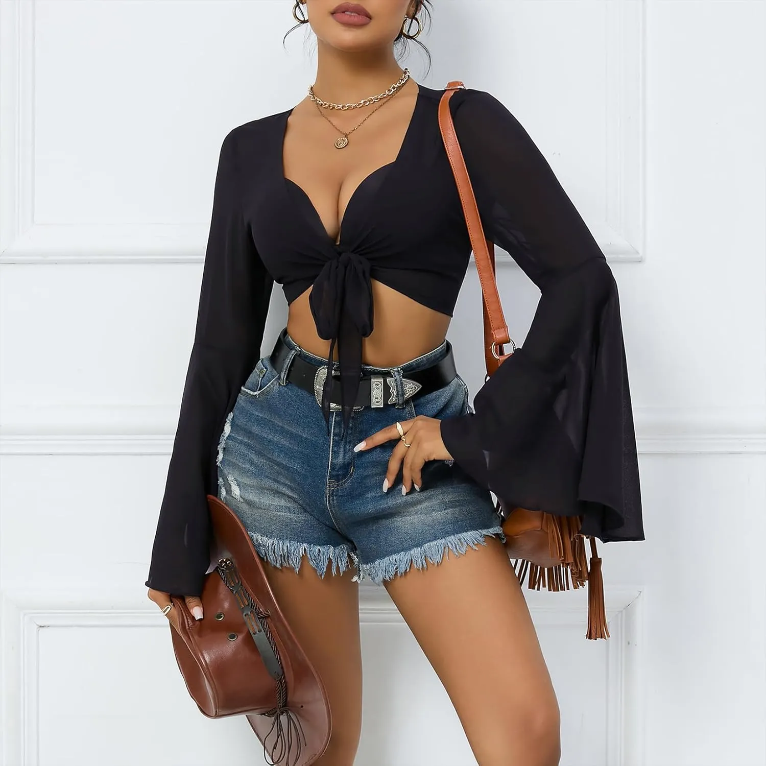 Mesh Tops for Women Bell Sleeve Rave Outfits Tie Front Crop Top Long Sleeve Shirt Sheer Blouse Festival