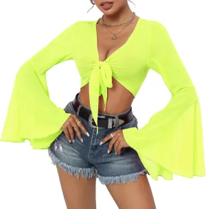 Mesh Tops for Women Bell Sleeve Rave Outfits Tie Front Crop Top Long Sleeve Shirt Sheer Blouse Festival