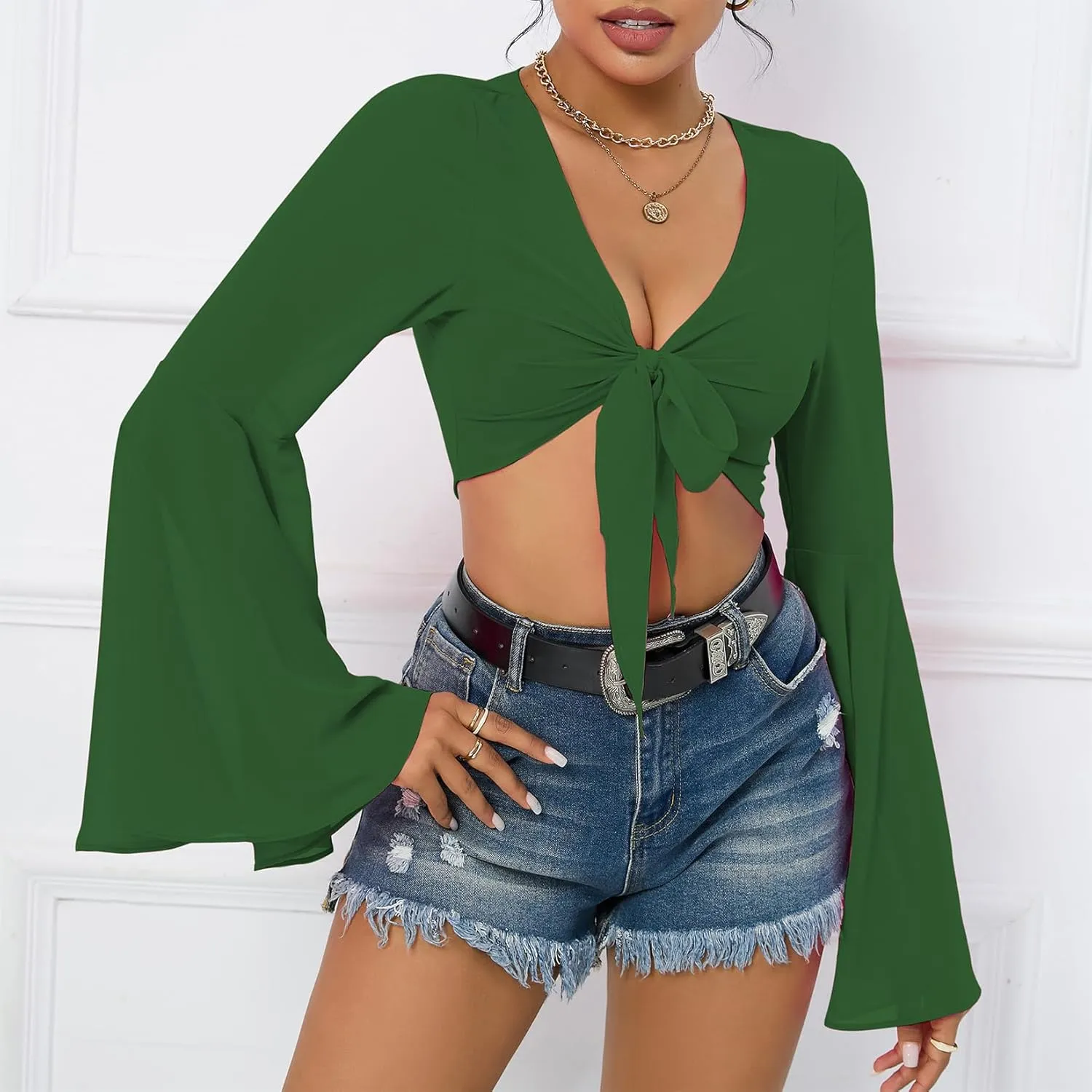 Mesh Tops for Women Bell Sleeve Rave Outfits Tie Front Crop Top Long Sleeve Shirt Sheer Blouse Festival