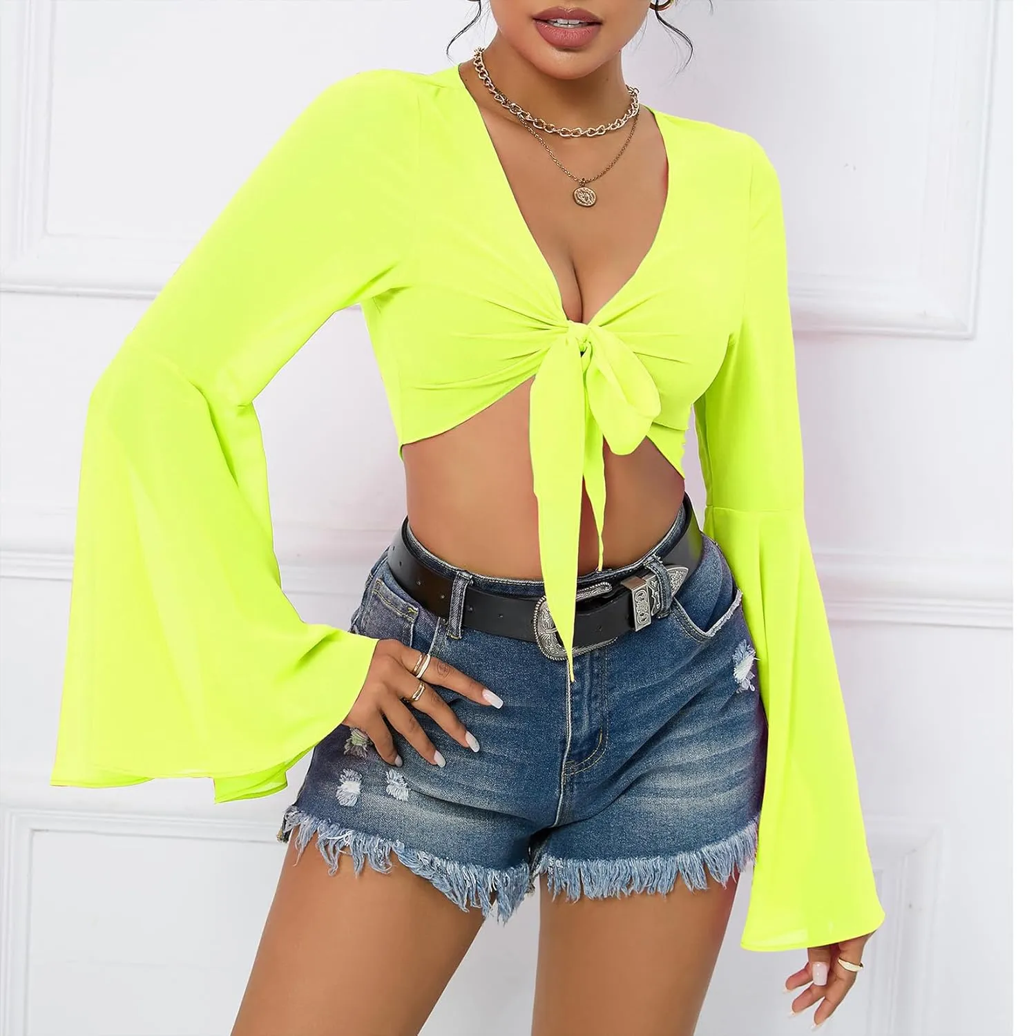 Mesh Tops for Women Bell Sleeve Rave Outfits Tie Front Crop Top Long Sleeve Shirt Sheer Blouse Festival