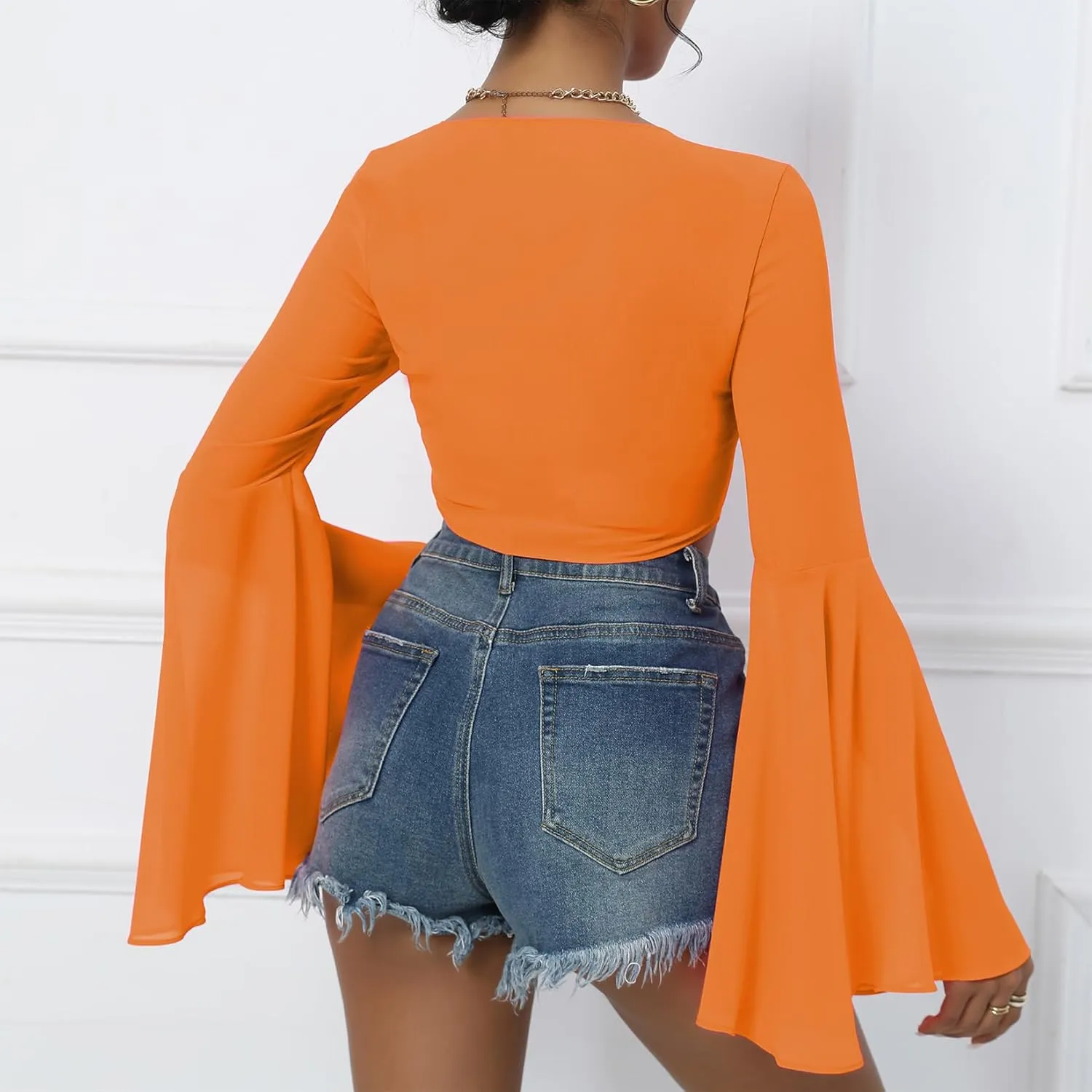Mesh Tops for Women Bell Sleeve Rave Outfits Tie Front Crop Top Long Sleeve Shirt Sheer Blouse Festival