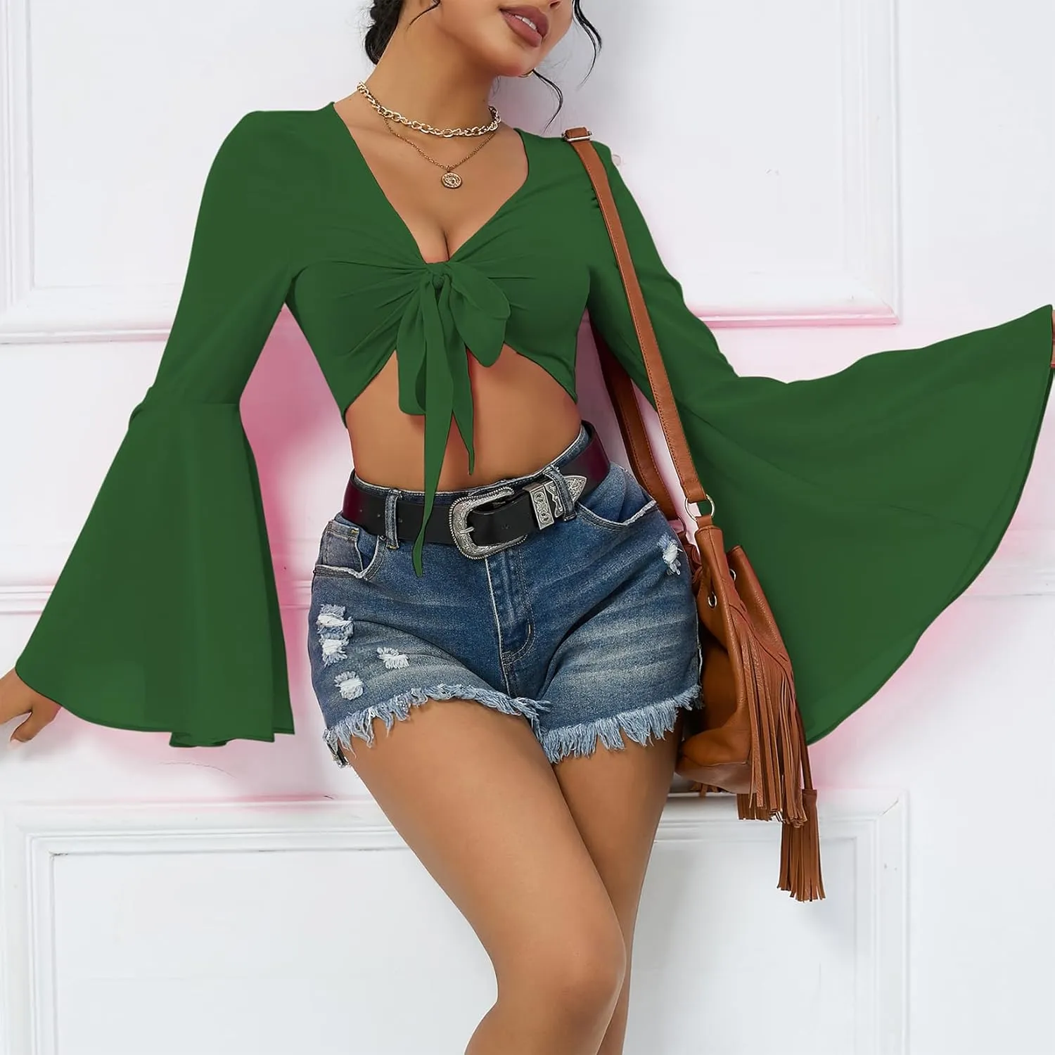 Mesh Tops for Women Bell Sleeve Rave Outfits Tie Front Crop Top Long Sleeve Shirt Sheer Blouse Festival