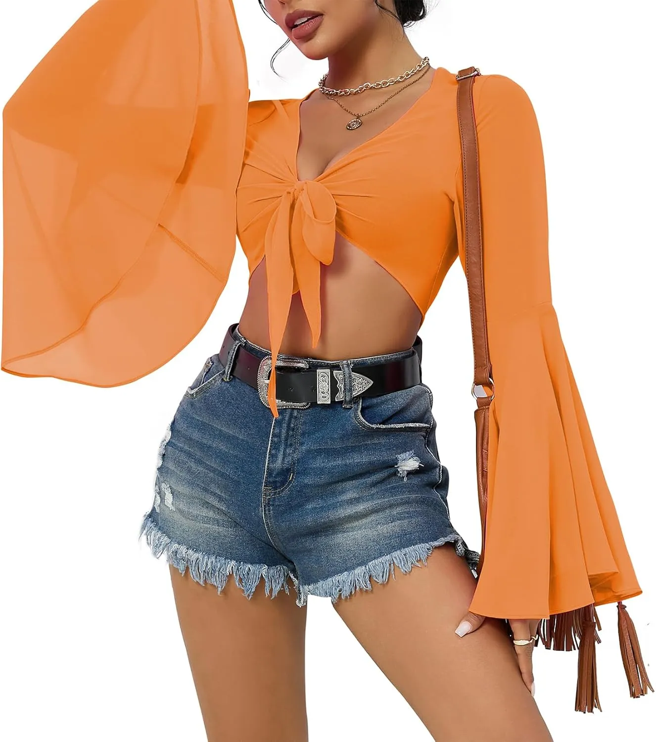 Mesh Tops for Women Bell Sleeve Rave Outfits Tie Front Crop Top Long Sleeve Shirt Sheer Blouse Festival