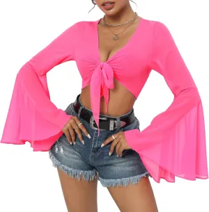 Mesh Tops for Women Bell Sleeve Rave Outfits Tie Front Crop Top Long Sleeve Shirt Sheer Blouse Festival