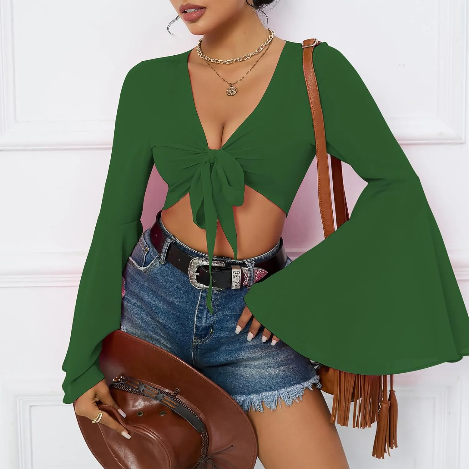 Mesh Tops for Women Bell Sleeve Rave Outfits Tie Front Crop Top Long Sleeve Shirt Sheer Blouse Festival