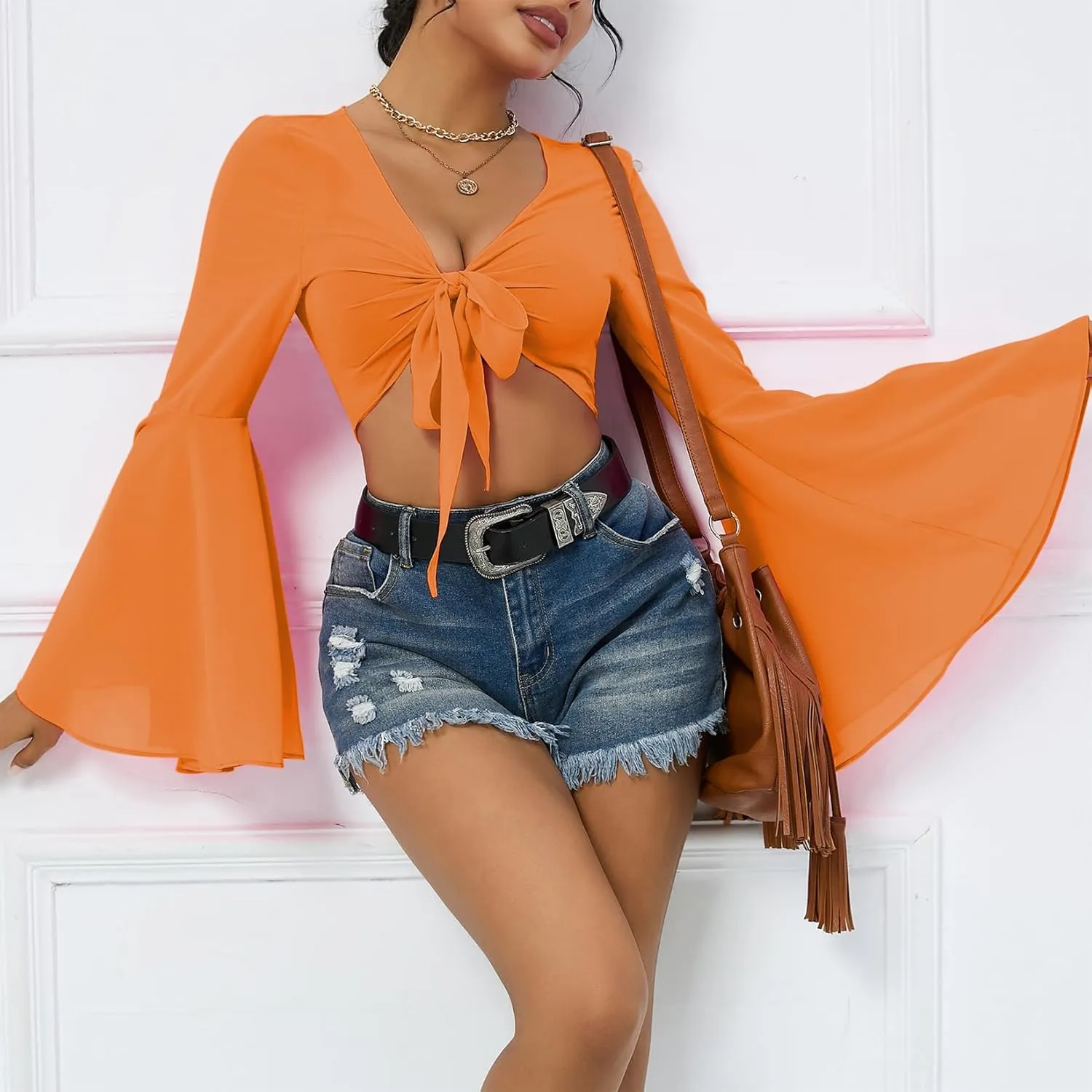Mesh Tops for Women Bell Sleeve Rave Outfits Tie Front Crop Top Long Sleeve Shirt Sheer Blouse Festival