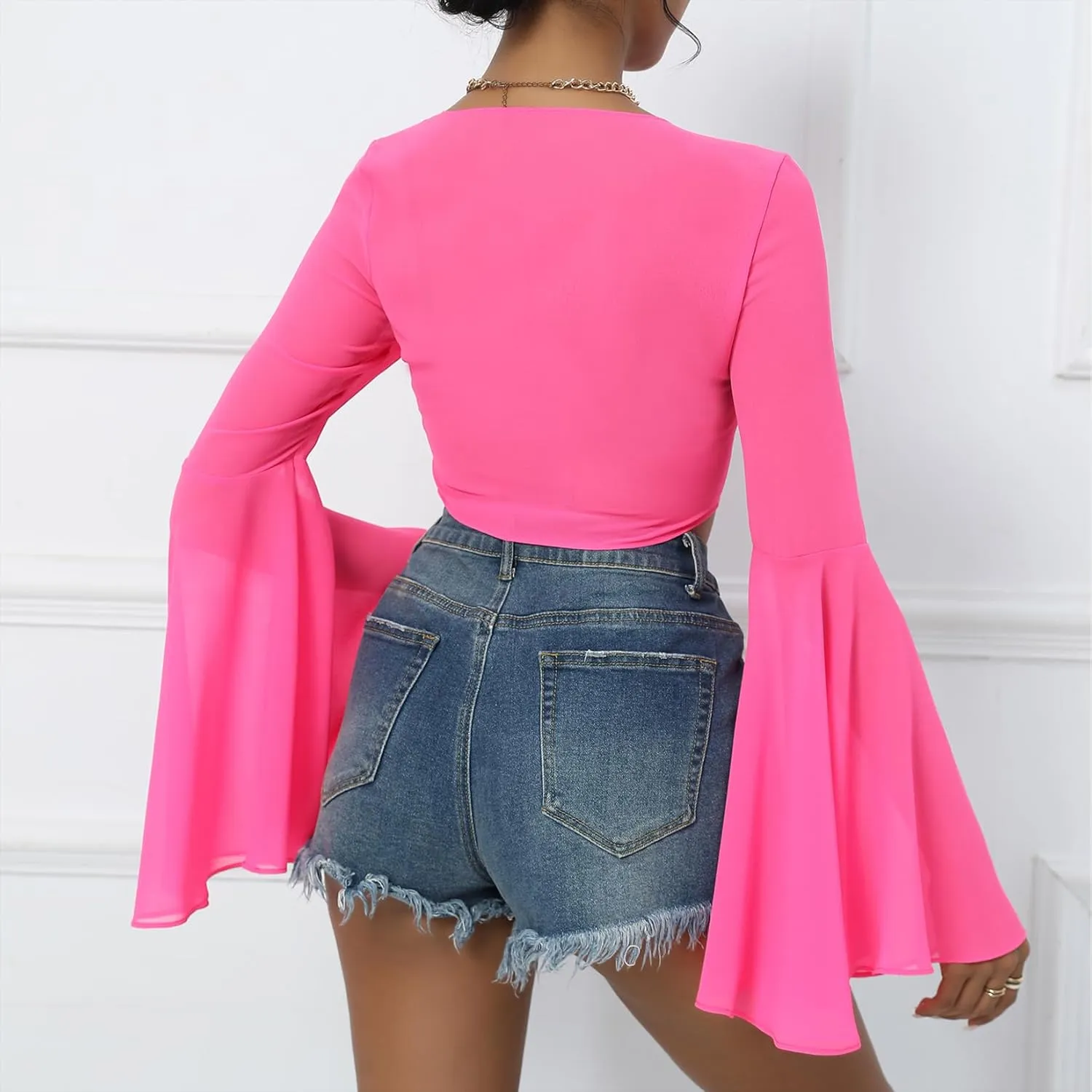 Mesh Tops for Women Bell Sleeve Rave Outfits Tie Front Crop Top Long Sleeve Shirt Sheer Blouse Festival
