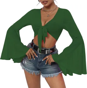 Mesh Tops for Women Bell Sleeve Rave Outfits Tie Front Crop Top Long Sleeve Shirt Sheer Blouse Festival