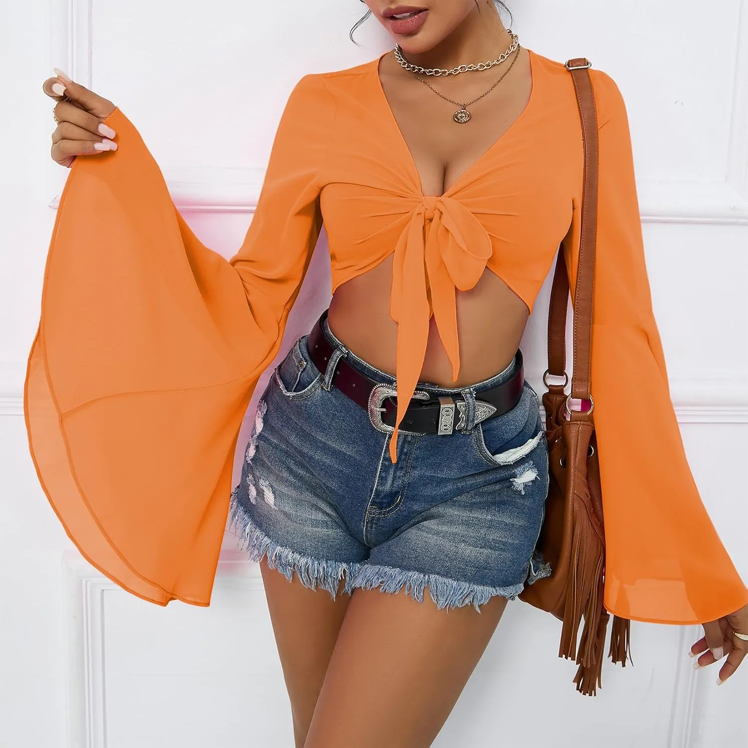 Mesh Tops for Women Bell Sleeve Rave Outfits Tie Front Crop Top Long Sleeve Shirt Sheer Blouse Festival