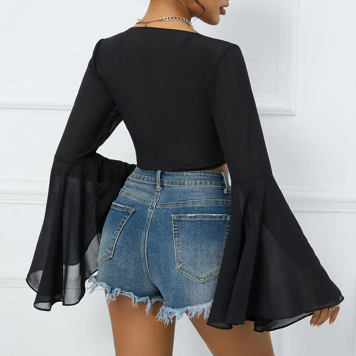 Mesh Tops for Women Bell Sleeve Rave Outfits Tie Front Crop Top Long Sleeve Shirt Sheer Blouse Festival