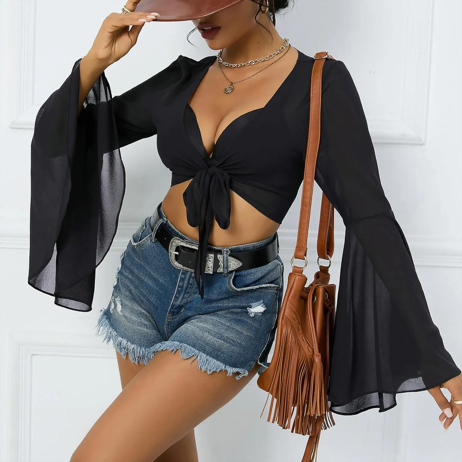 Mesh Tops for Women Bell Sleeve Rave Outfits Tie Front Crop Top Long Sleeve Shirt Sheer Blouse Festival