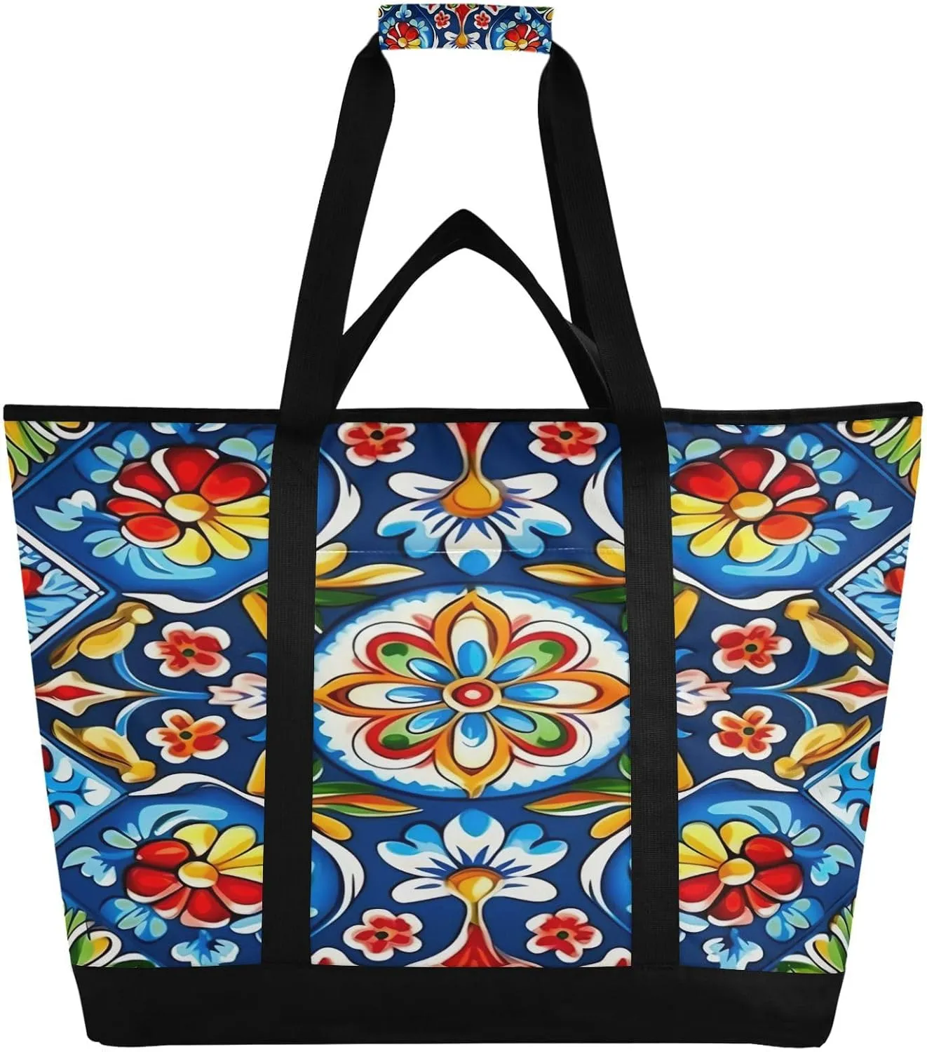 Mexican Floral Ceramic Tile Reusable Insulated Lunchbox Cooler Bag, Leakproof Kitchen Grocery Bag Collapsible Portable Cooler Tote Bag for Picnic, Camping, Office, Travel