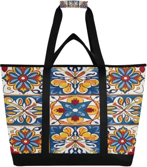 Mexican Floral Ceramic Tile Reusable Insulated Lunchbox Cooler Bag, Leakproof Kitchen Grocery Bag Collapsible Portable Cooler Tote Bag for Picnic, Camping, Office, Travel