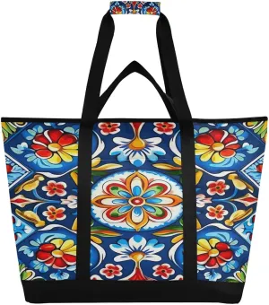 Mexican Floral Ceramic Tile Reusable Insulated Lunchbox Cooler Bag, Leakproof Kitchen Grocery Bag Collapsible Portable Cooler Tote Bag for Picnic, Camping, Office, Travel