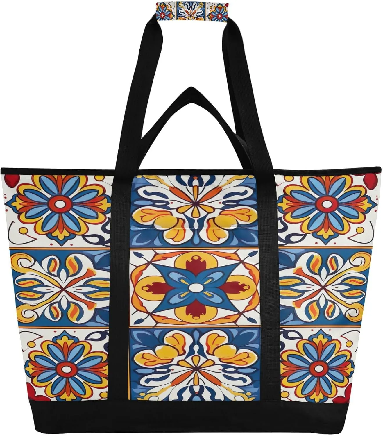 Mexican Floral Ceramic Tile Reusable Insulated Lunchbox Cooler Bag, Leakproof Kitchen Grocery Bag Collapsible Portable Cooler Tote Bag for Picnic, Camping, Office, Travel
