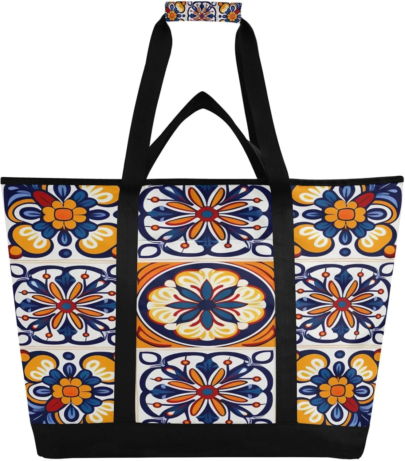Mexican Loral Ceramc Cint Reusable Insulated Lunchbox Cooler Bag, Leakproof Kitchen Grocery Bag Collapsible Portable Cooler Tote Bag for Picnic, Camping, Office, Travel