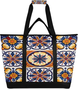 Mexican Loral Ceramc Cint Reusable Insulated Lunchbox Cooler Bag, Leakproof Kitchen Grocery Bag Collapsible Portable Cooler Tote Bag for Picnic, Camping, Office, Travel