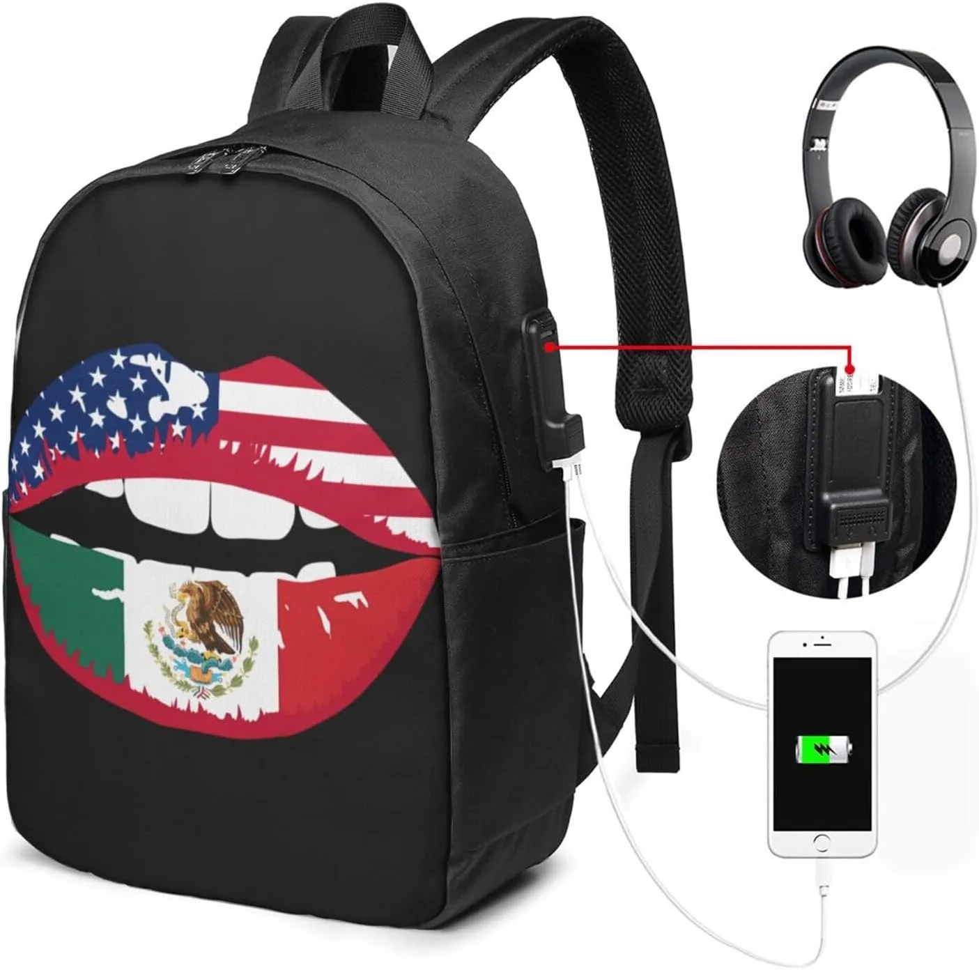 Mexico Mexican Flag Lips Laptop Backpacks Travel Backpack Casual Business Daypack Sport Rucksack Computer Bag Fits up to 17 Inch Notebook with USB Port