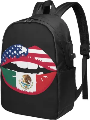 Mexico Mexican Flag Lips Laptop Backpacks Travel Backpack Casual Business Daypack Sport Rucksack Computer Bag Fits up to 17 Inch Notebook with USB Port