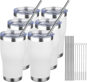 MEZMUT 20oz Coffee Tumbler with Lid and Straw Double Wall Vacuum Insulated Cup Stainless Steel Travel Mugs Insulated for Hot Cold Leakproof Powder Coated Tumbler for Indoor Outdoor(White, 6)